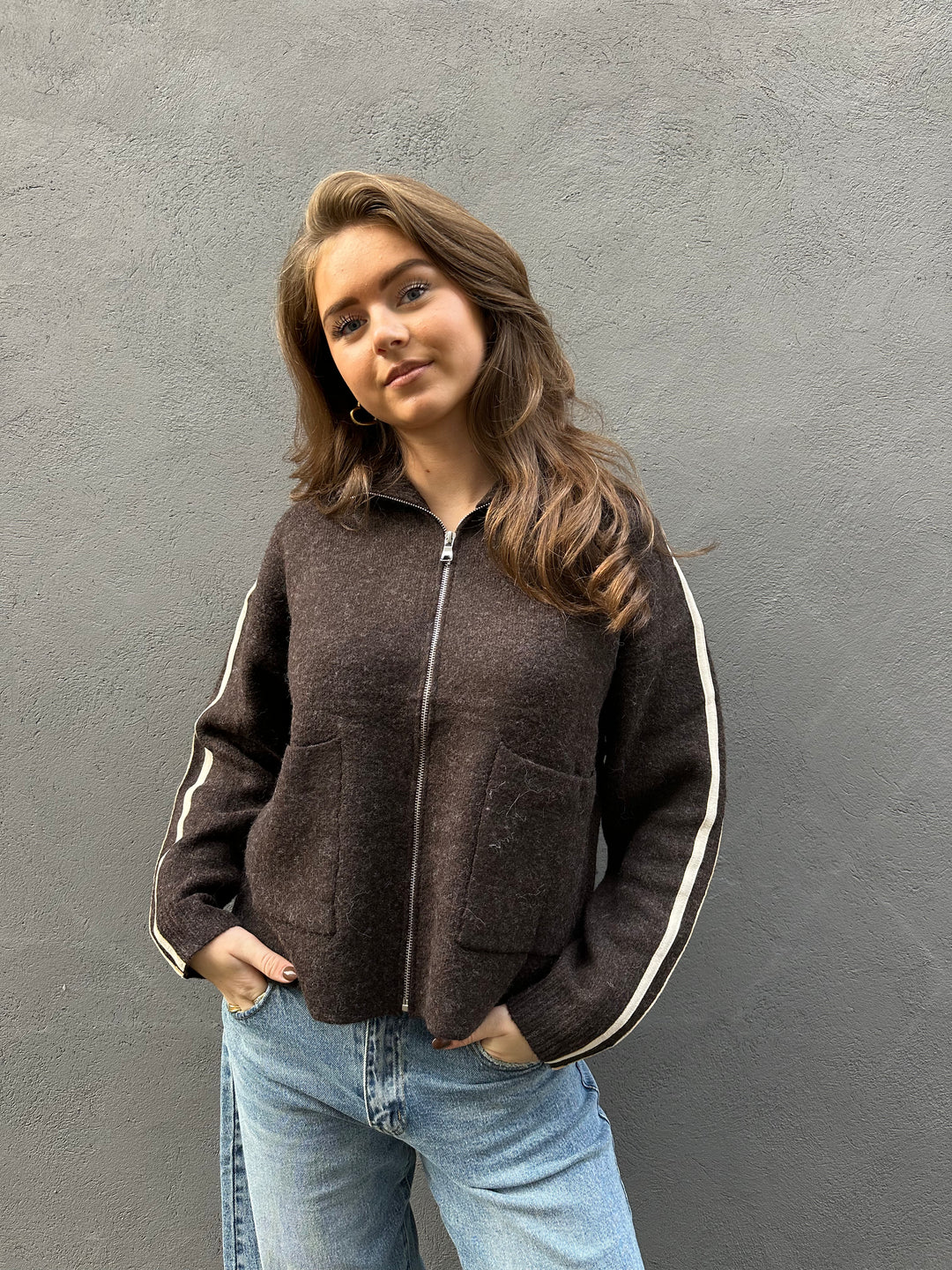 Chocolate Brown Cardigan with White Stripes