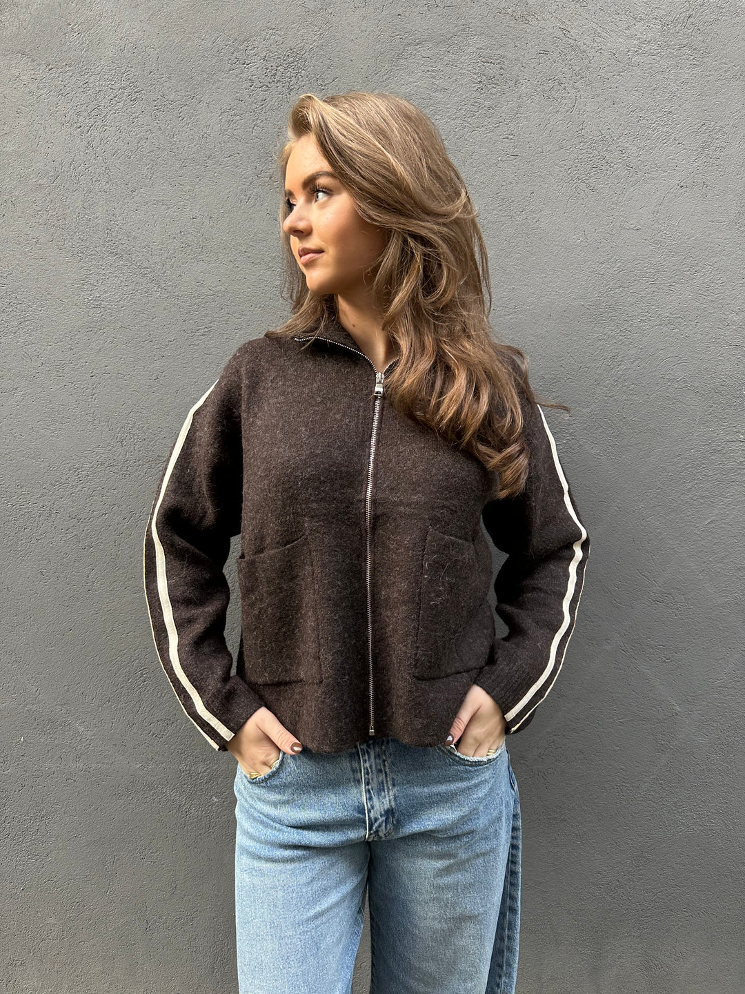 Chocolate Brown Cardigan with White Stripes