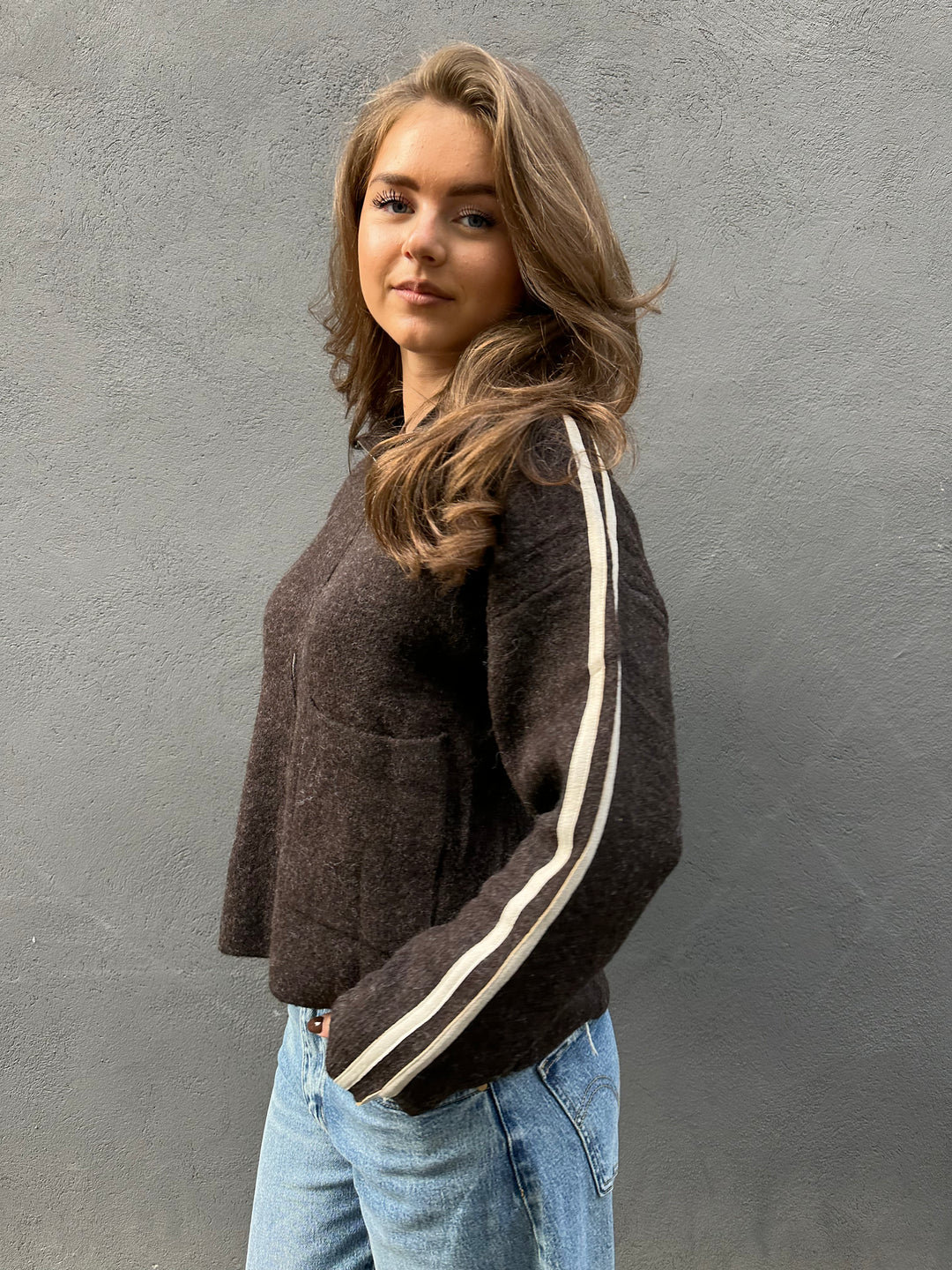Chocolate Brown Cardigan with White Stripes
